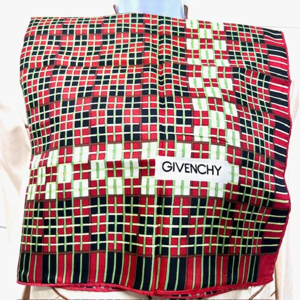 Givenchy Scarf 30"  100% Silk Satin red black green white color blcck stripe (45 - Picture 4 of 10